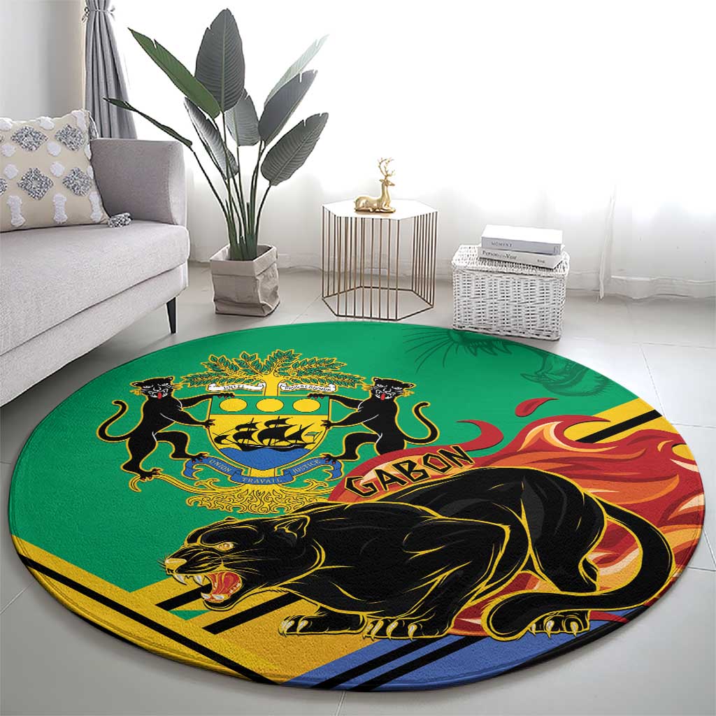 Green round rug featuring black panther and Gabon crest in center