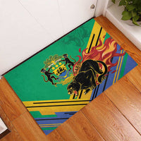 Green rubber doormat angled on floor, featuring black panther and coat of arms