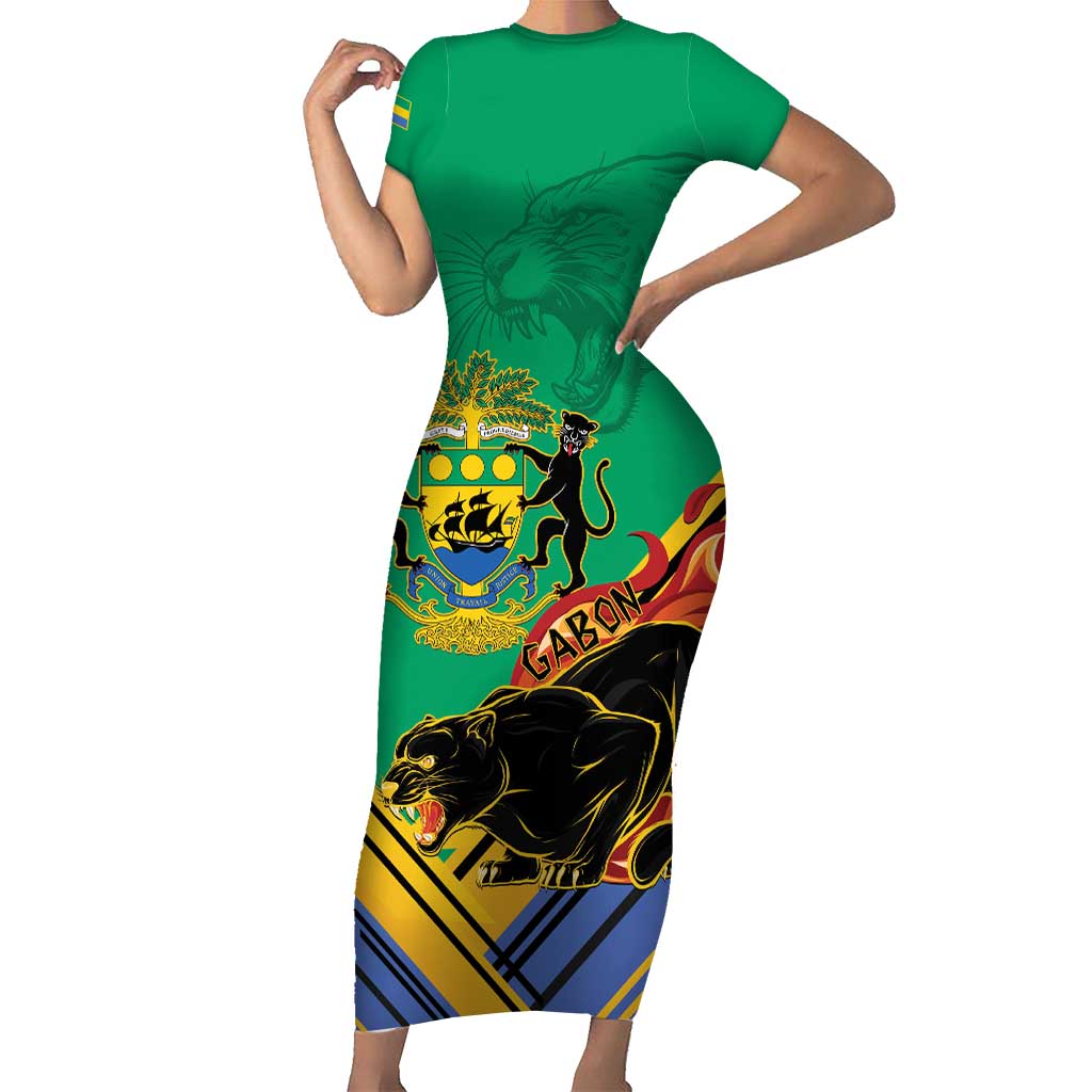 Gabon Black Panther Short Sleeve Bodycon Dress Coat Of Arms - Wonder Print Shop