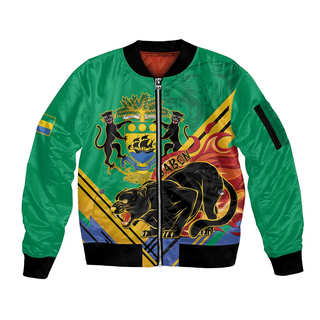 Gabon Black Panther Sleeve Zip Bomber Jacket Coat Of Arms - Wonder Print Shop