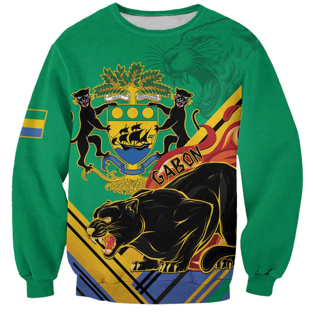 Green crewneck sweatshirt with large black panther and crest graphic on front