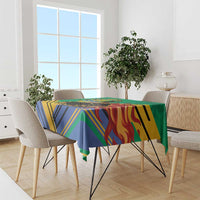 Rectangular Gabon coat-of-arms tablecloth in green, blue, gold, and red flame accents