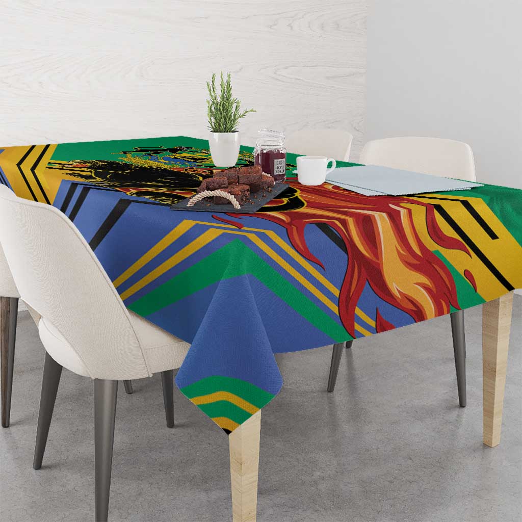 Corner view of green Gabon coat-of-arms tablecloth with panther and flame graphics