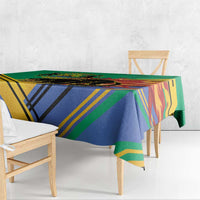 Green and blue Gabon coat-of-arms tablecloth with gold stripe border