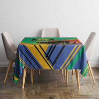 Square Gabon coat-of-arms tablecloth with blue, gold, green, and red flame pattern