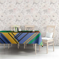 Rectangular tablecloth with Gabon coat-of-arms design in green, blue, and gold stripes