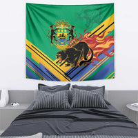 Green Gabon coat of arms tapestry with black lion, red flame waves, and striped bands