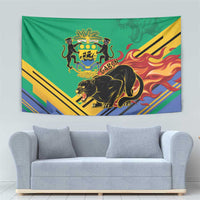Green tapestry with Gabon crest, black lion in profile, and red-orange flame stripe pattern