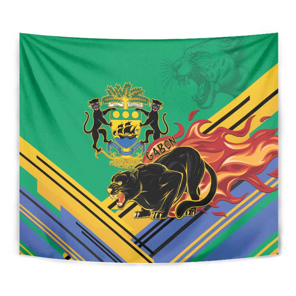 Green Gabon coat of arms tapestry, black lion illustration, and bold flame and stripe graphic