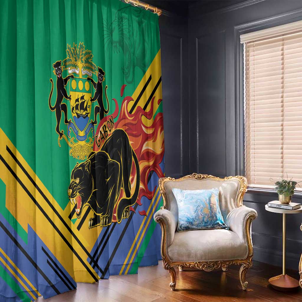 Green window curtain with Gabon crest, black panther artwork, and red flame diagonal panel.