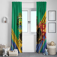Green window curtain panels with Gabon crest, black panther graphic, and red-yellow stripes.