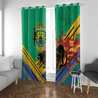 Green window curtains with Gabon crest and black panther artwork, plus red-yellow flame stripes.