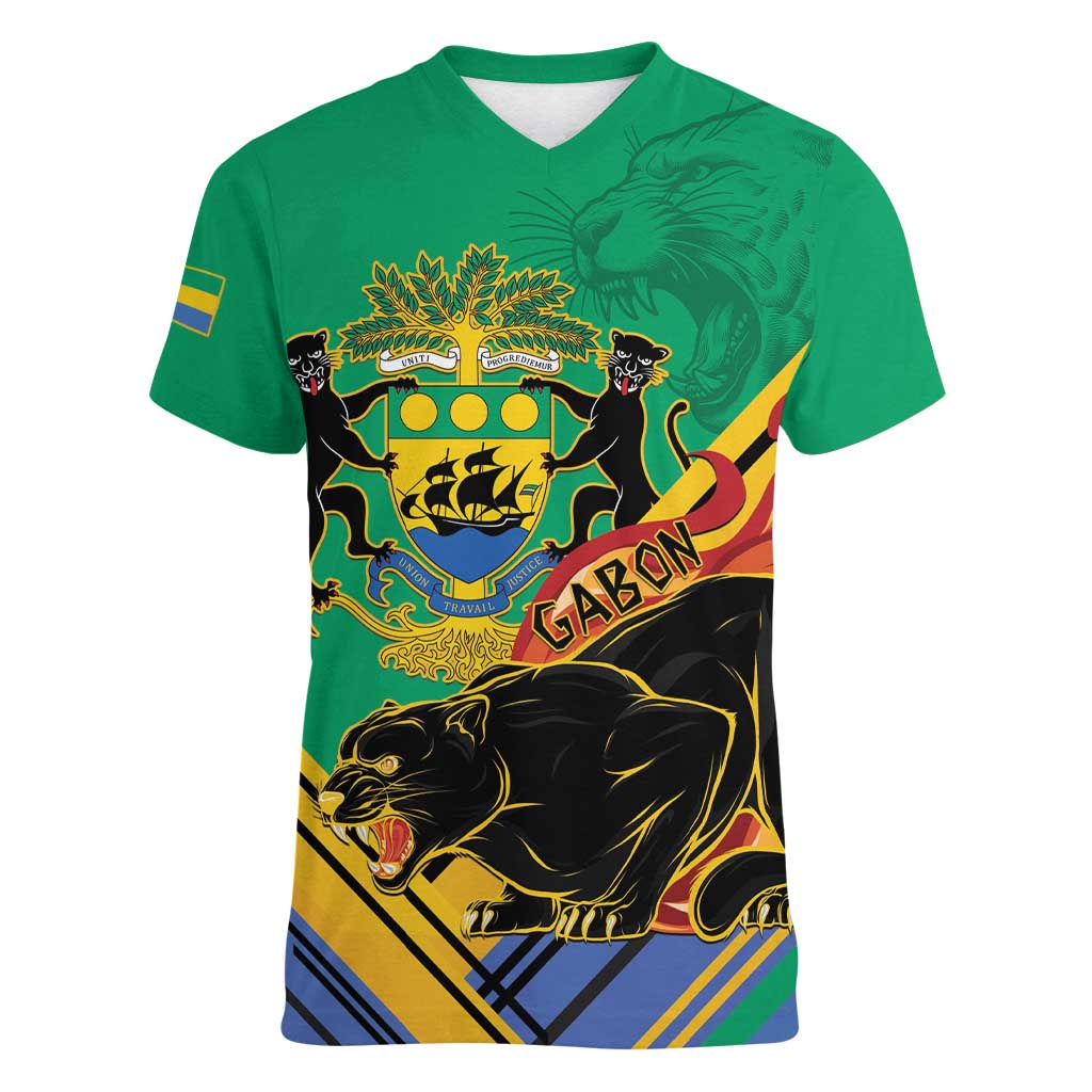 Gabon Black Panther Women V-Neck T-Shirt Coat Of Arms - Wonder Print Shop