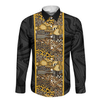 African Tribal Heritage Long Sleeve Button Shirt Black Gold Pattern