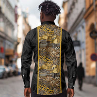 African Tribal Heritage Long Sleeve Button Shirt Black Gold Pattern