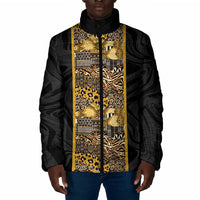 African Tribal Heritage Padded Jacket Black Gold Pattern