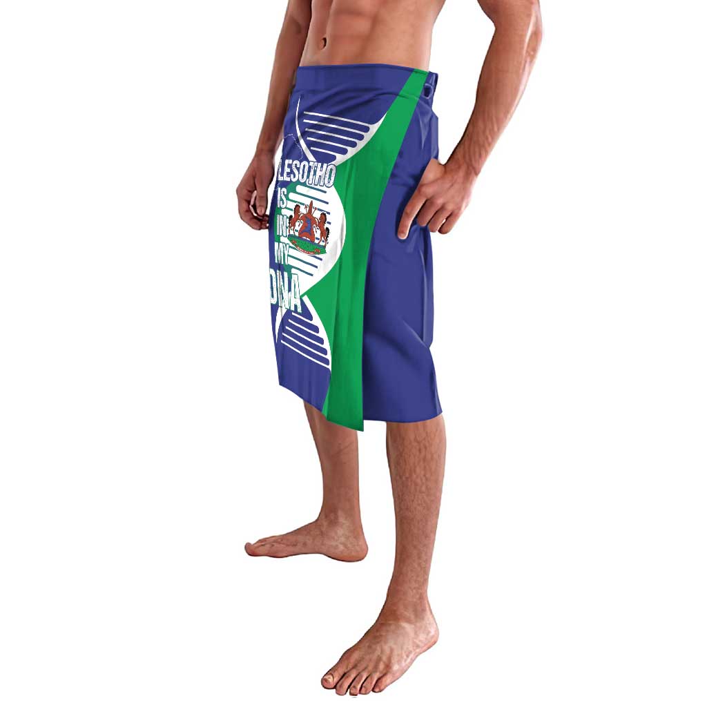 Blue lavalava skirt with green panel and Lesotho map coat of arms print