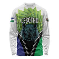 White unisex long-sleeve shirt with large rhinoceros graphic and “LESOTHO” text
