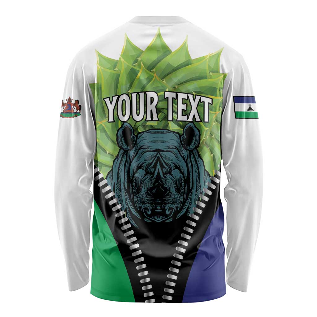White unisex long-sleeve shirt with rhinoceros graphic and “YOUR TEXT” lettering
