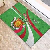 Green rubber doormat with Burundi coat of arms, 'YOUR TEXT', and red/white swirl stripes