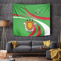 Green Burundi-style independence tapestry with crest and red/white map waves, customizable text