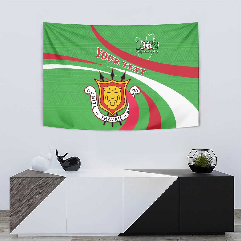 Green Burundi flag-style tapestry with crest emblem, “YOUR TEXT,” and 1962 date
