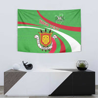 Green Burundi flag-style tapestry with crest emblem, “YOUR TEXT,” and 1962 date
