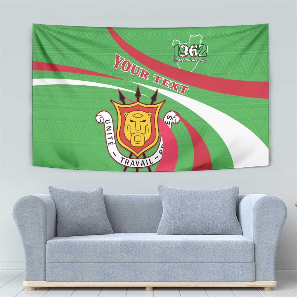 Green tapestry wall decor with crest, 1962, and red/white diagonal stripes and waves