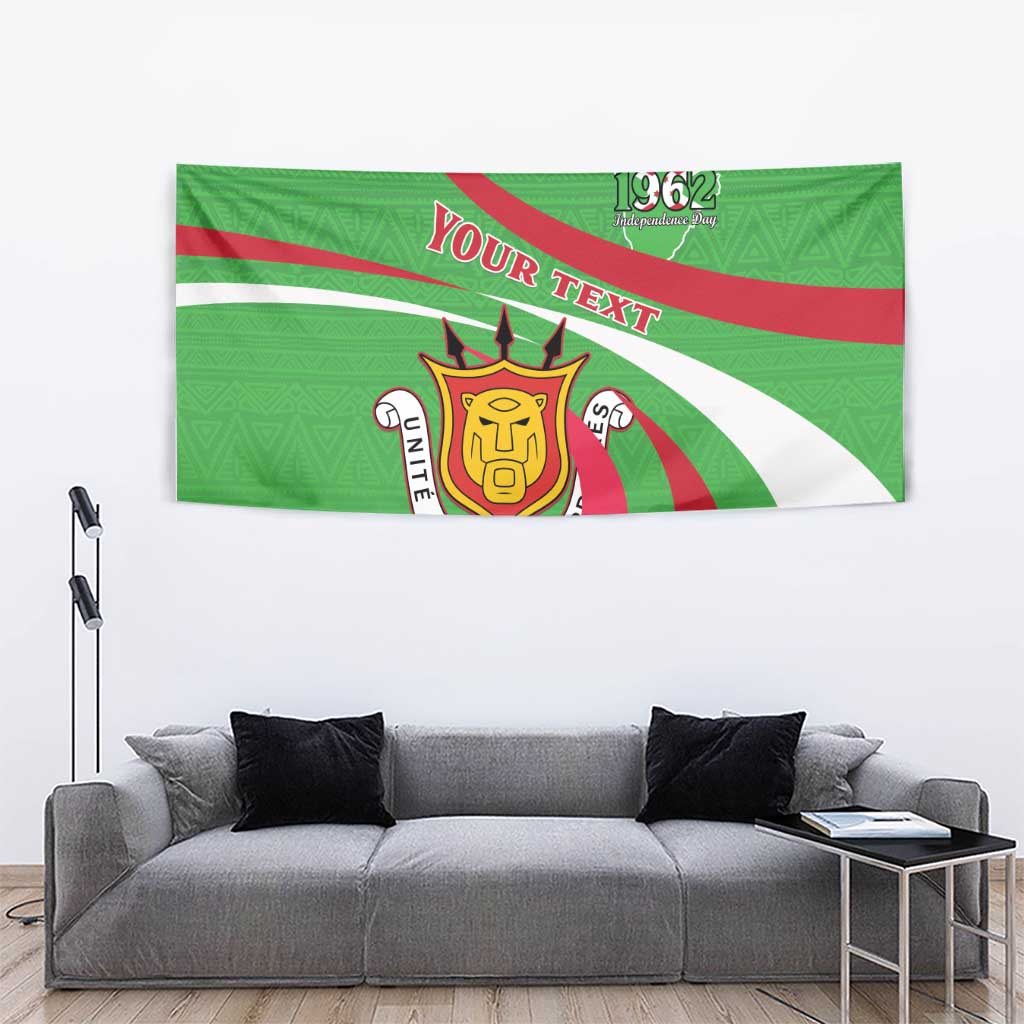 Green independence tapestry with crest emblem, “YOUR TEXT,” and red/white curved stripe design