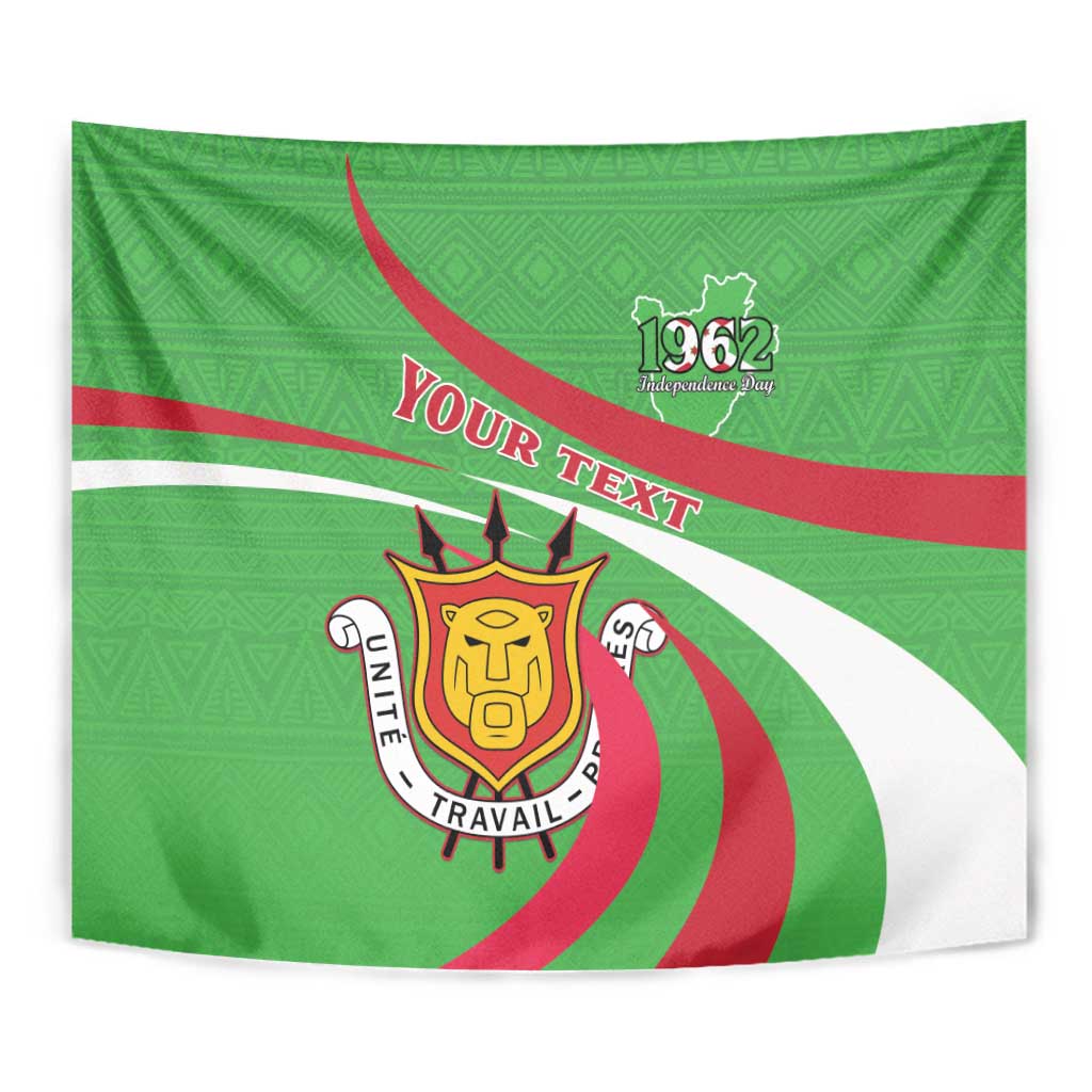 Green tapestry close-up with 1962, crest emblem, and red/white curved stripes design