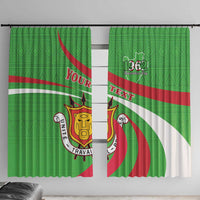 Green printed window curtain pair with Burundi crest, 1962 emblem, and red/white stripes.