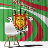 Green printed window curtain close-up with Burundi crest and “YOUR TEXT” over red/white wave stripes.