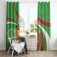 Green printed window curtains with “YOUR TEXT” and Burundi crest on diagonal red/white stripes.