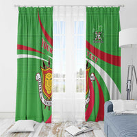 Green printed window curtains with Burundi crest, “YOUR TEXT,” and 1962 emblem on red/white stripes.