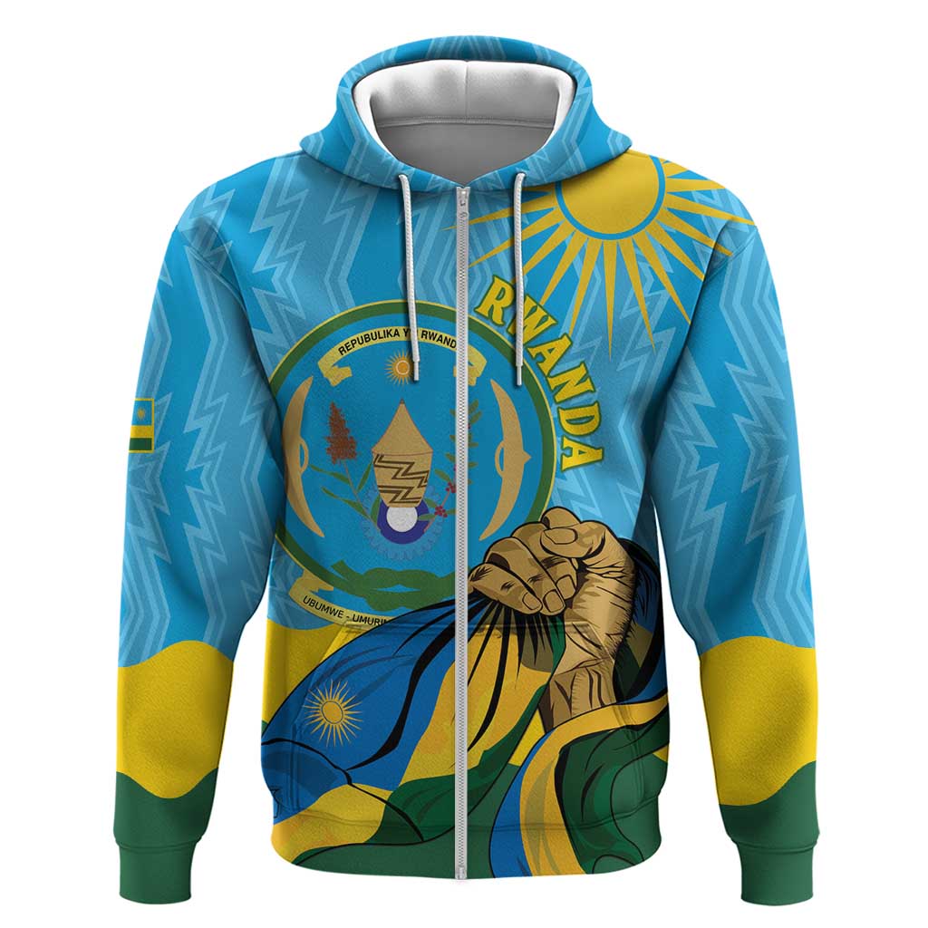 Personalized Rwanda Independence Day Zip Hoodie Coat Of Arms Imigongo Pattern