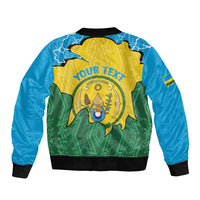 Bomber zip jacket with blue sleeves, yellow-green back graphic, 'YOUR TEXT' print, black ribbed trim.