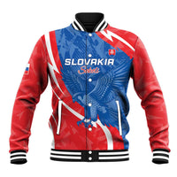 Unisex blue red sublimation baseball jacket with striped collar, snap buttons, Slovak crest