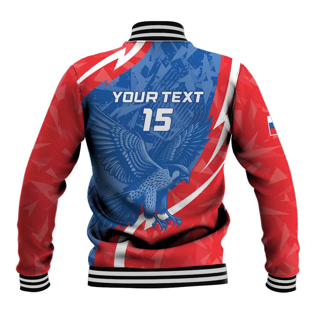 Unisex red blue baseball jacket back print with 'YOUR TEXT 15', striped rib collar & cuffs