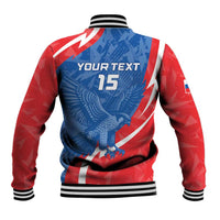 Unisex red blue baseball jacket back print with 'YOUR TEXT 15', striped rib collar & cuffs