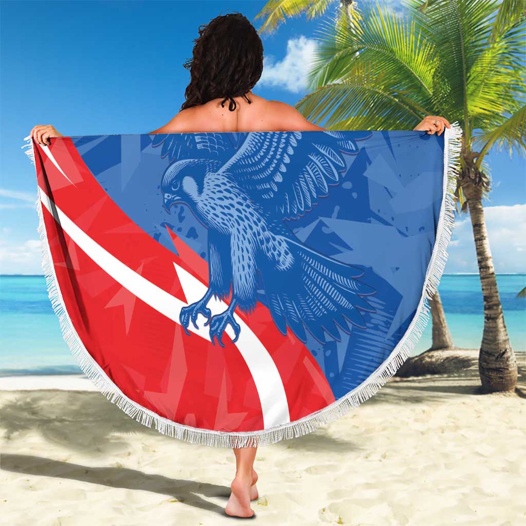 Round Slovakia beach blanket, blue eagle design with red/white diagonal flag stripe, fringed edge.