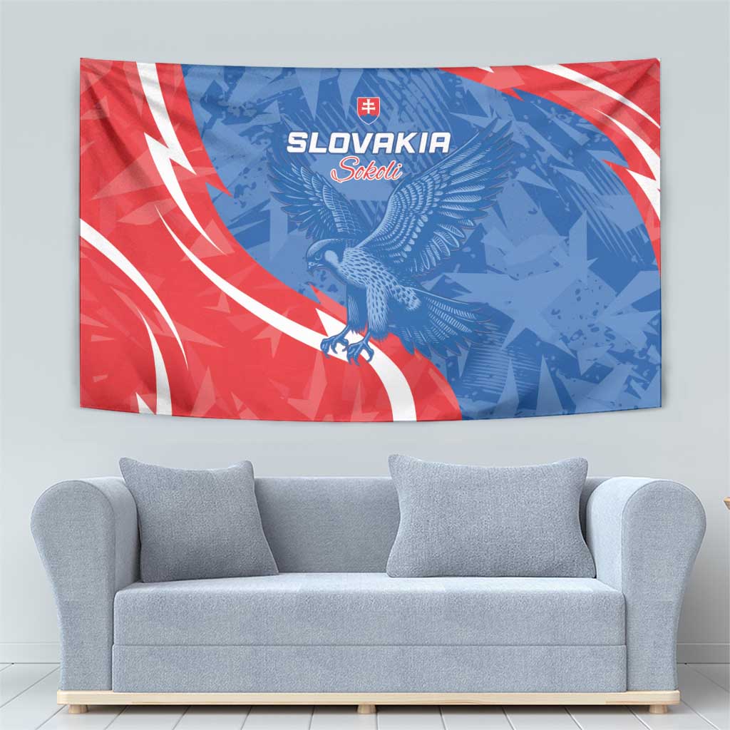 Slovakia flag tapestry with blue eagle and red field, bold white wave arcs