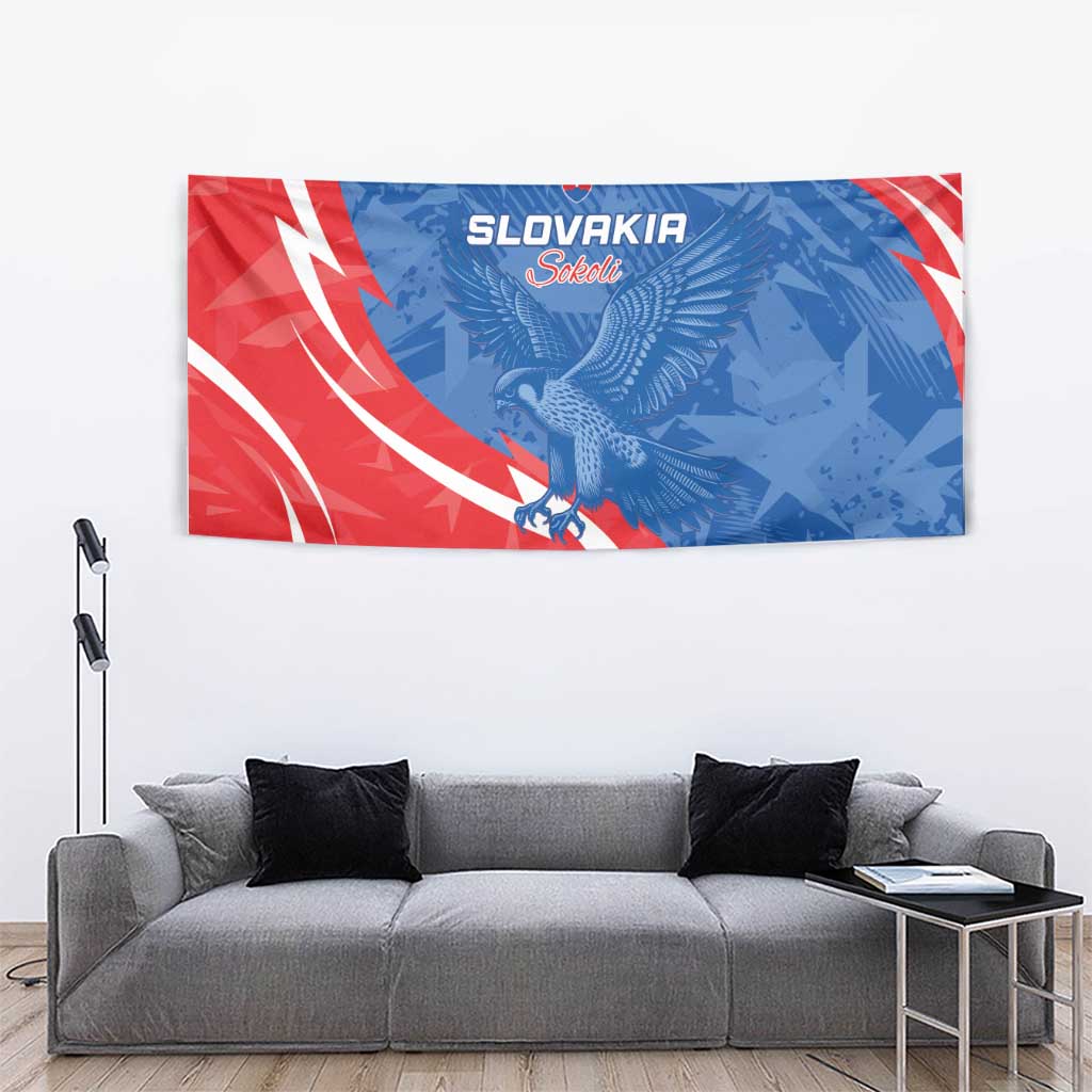 Slovakia flag tapestry, blue eagle artwork on red background with white curved swirls