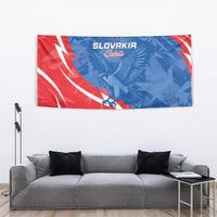 Slovakia flag tapestry, blue eagle artwork on red background with white curved swirls