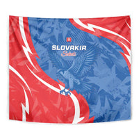Slovakia flag tapestry close view with blue eagle, red-blue tones, white wave stripes