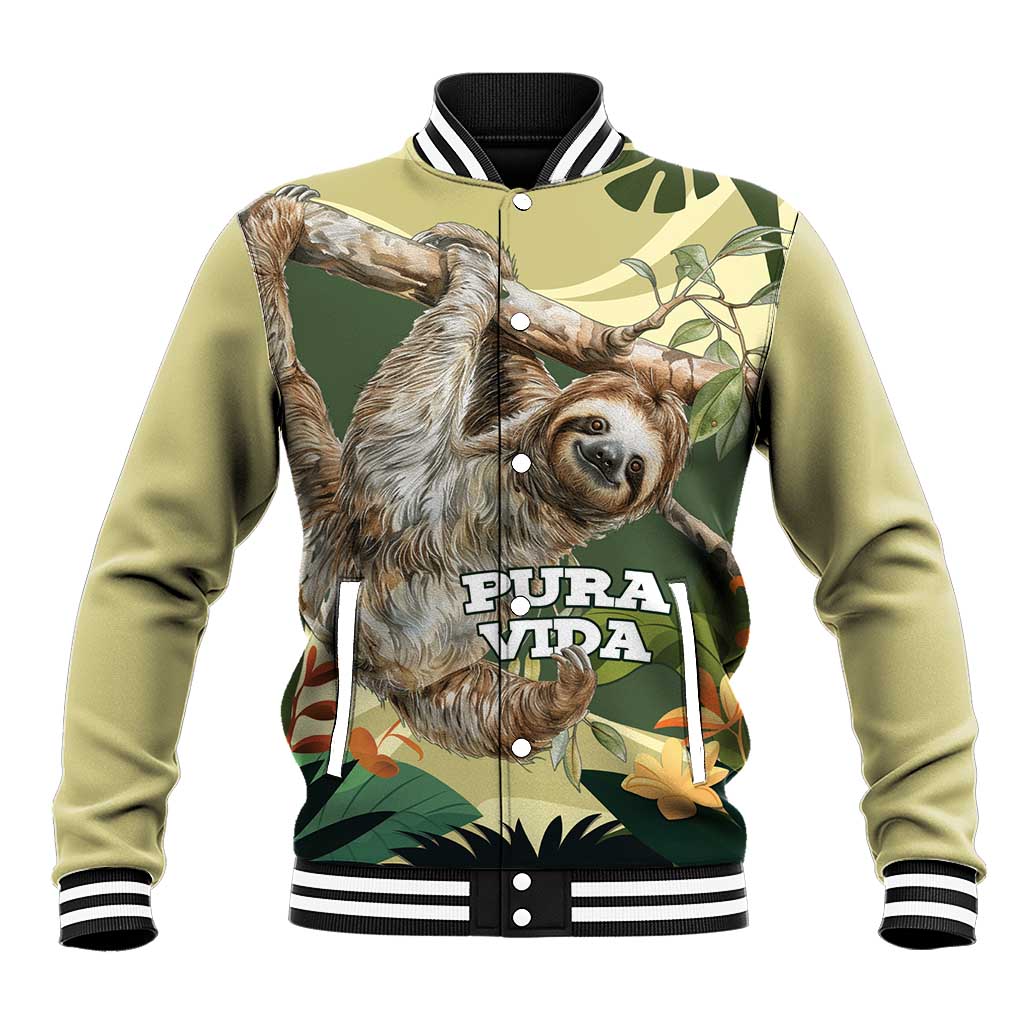 Unisex green tropical sloth baseball jacket with ribbed striped collar and 'Pura Vida' print