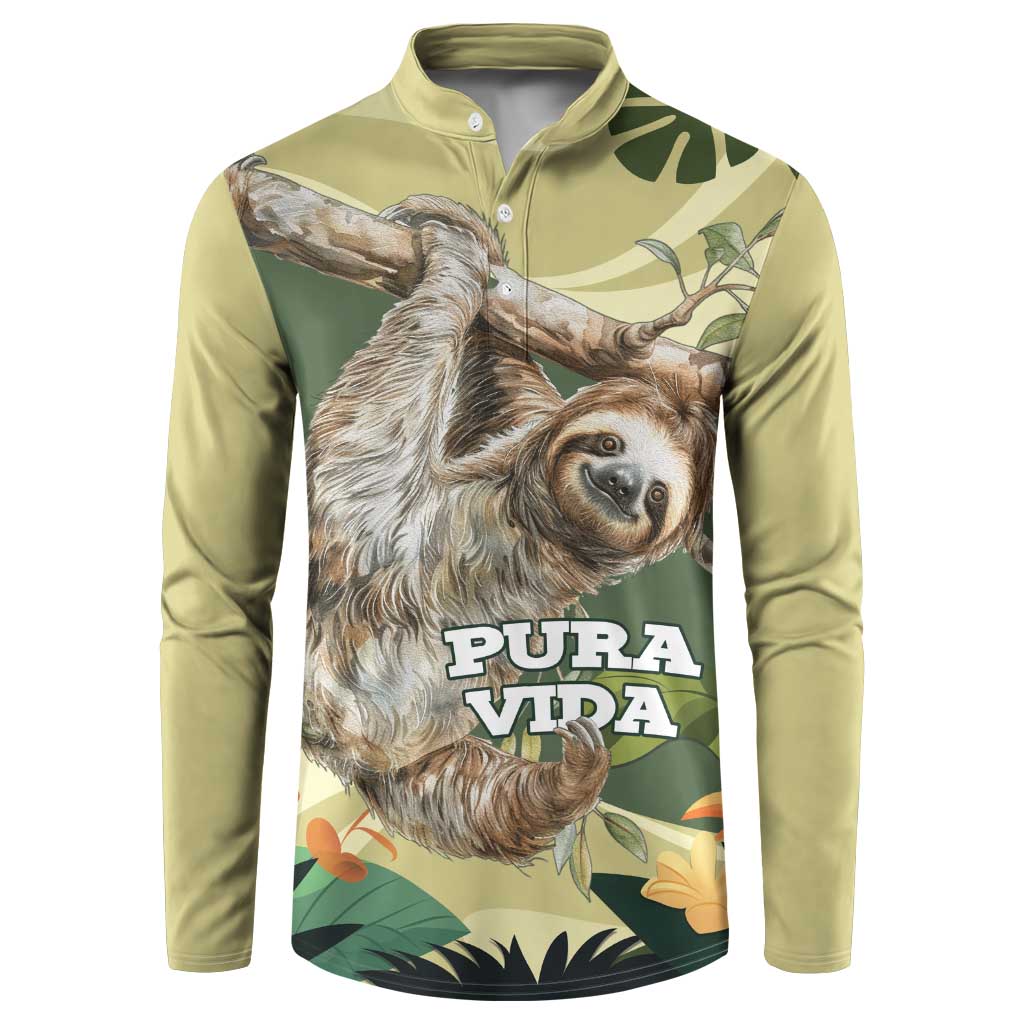 Green sloth button sweatshirt with botanical print and front Pura Vida text