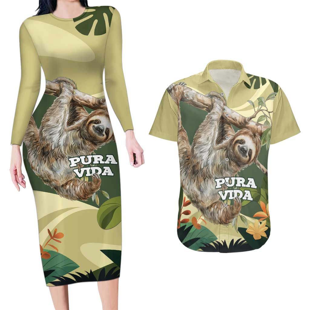 Pura Vida Costa Rica Sloth Couples Matching Long Sleeve Bodycon Dress and Hawaiian Shirt Tropical Flowers Vintage Color - Wonder Print Shop