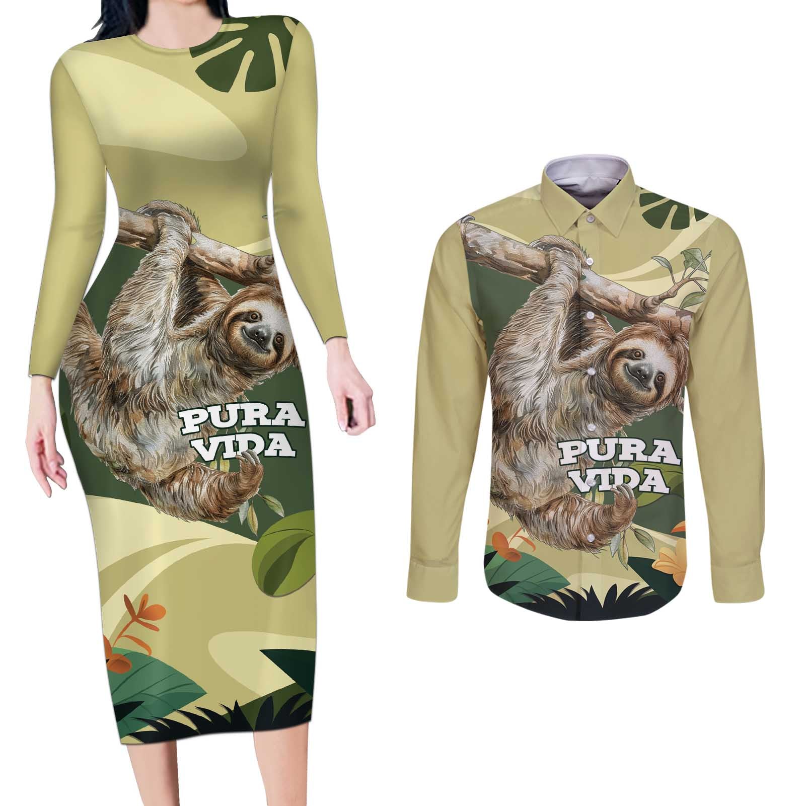 Pura Vida Costa Rica Sloth Couples Matching Long Sleeve Bodycon Dress and Long Sleeve Button Shirt Tropical Flowers Vintage Color - Wonder Print Shop