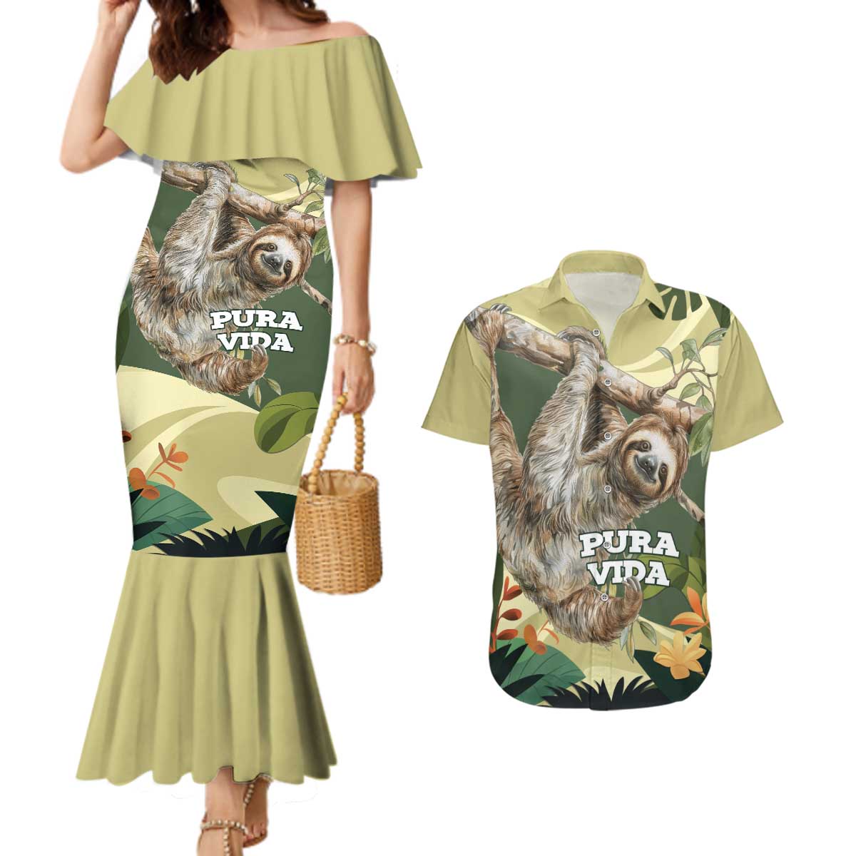 Pura Vida Costa Rica Sloth Couples Matching Mermaid Dress and Hawaiian Shirt Tropical Flowers Vintage Color - Wonder Print Shop