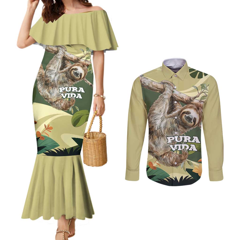 Pura Vida Costa Rica Sloth Couples Matching Mermaid Dress and Long Sleeve Button Shirt Tropical Flowers Vintage Color